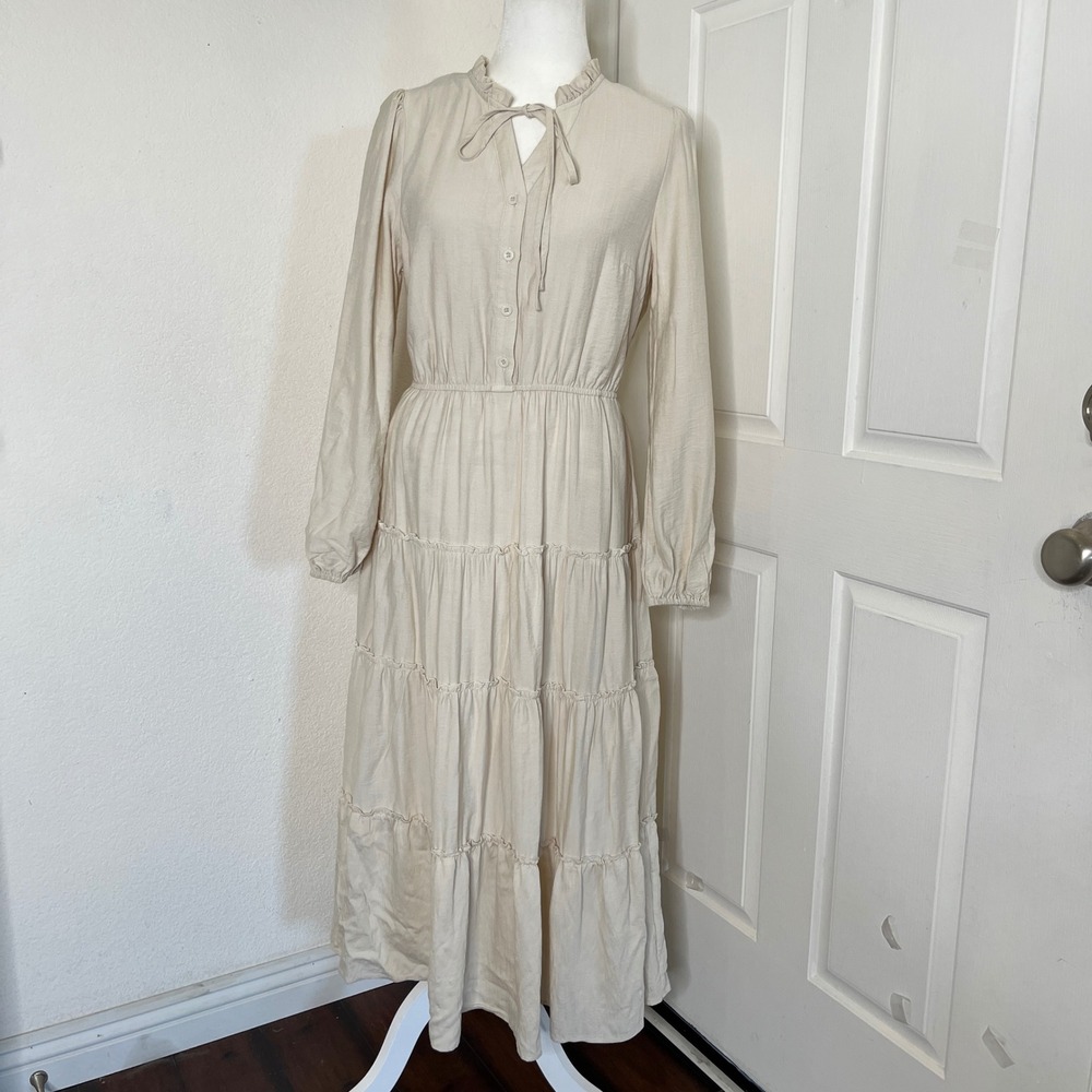 Tie-Neck Long Sleeve Maxi Dress in Cream